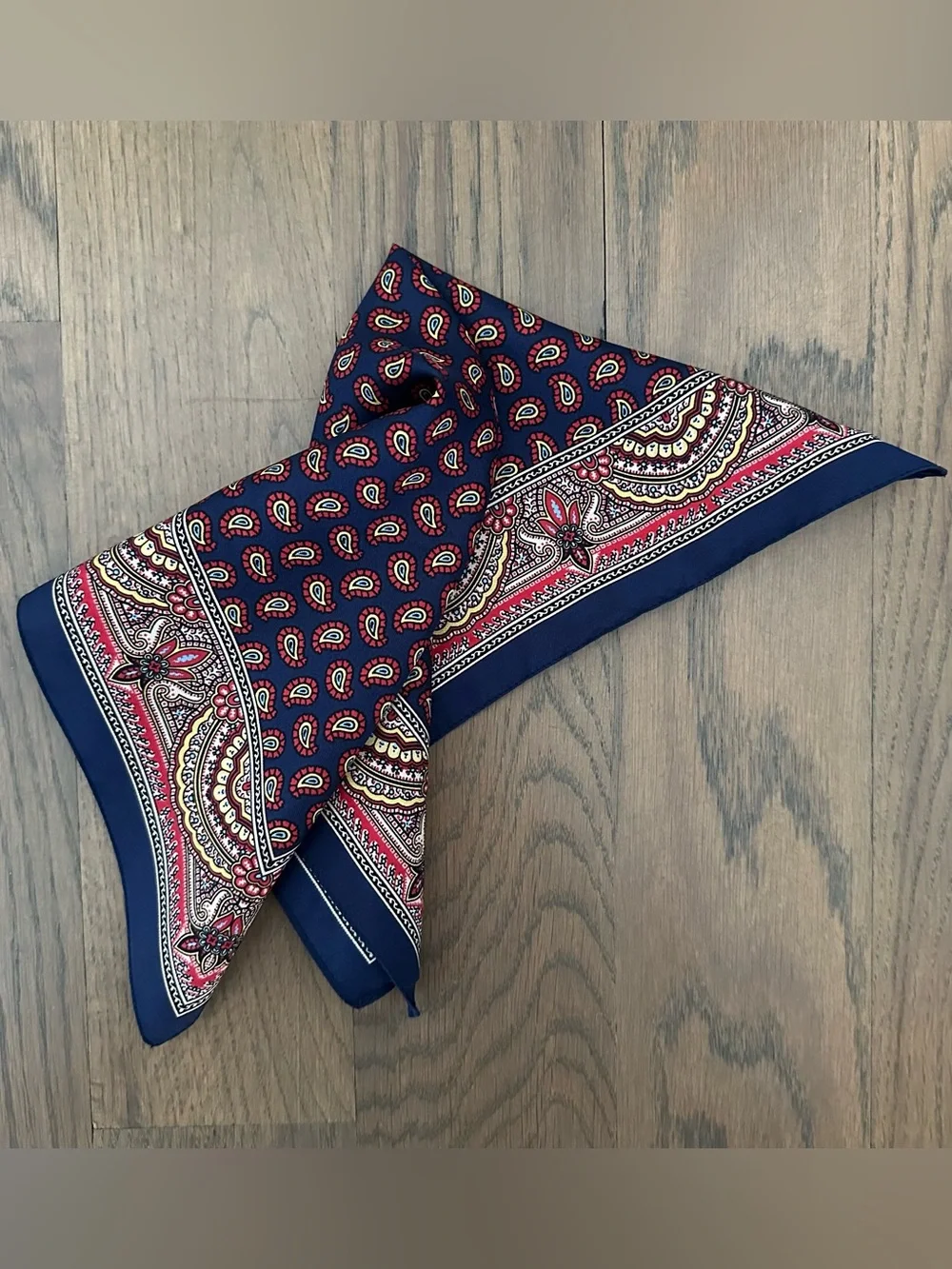 H&M Made in Italy Silk Paisley Print Silk Small Square Scarf Navy Multi 12.25